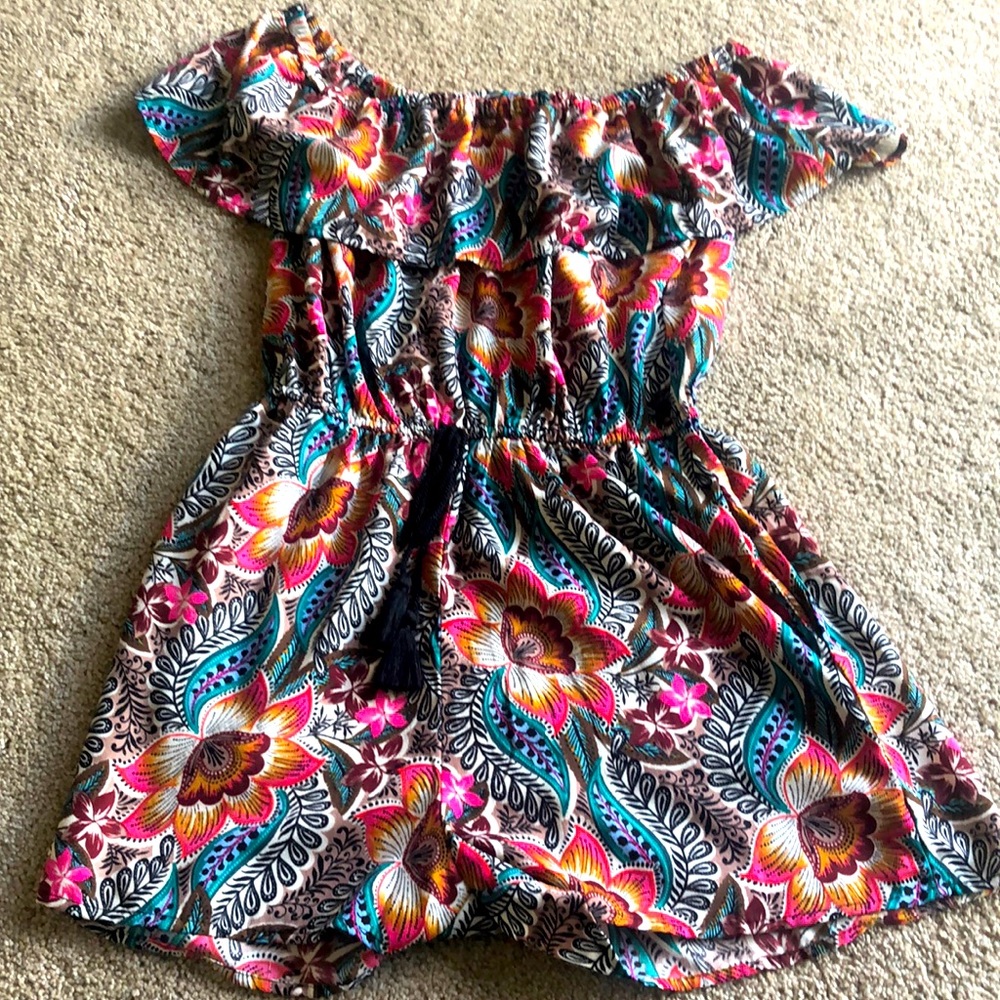 Vibrant off the shoulder romper with tie waist detail, size s